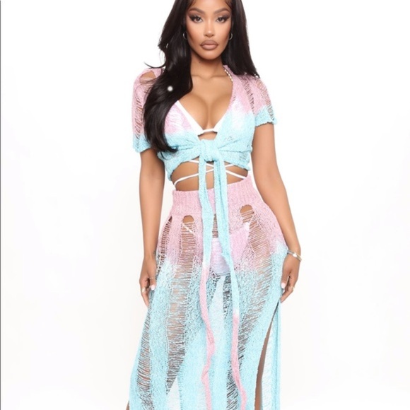 Fashion Nova Other - 2 Piece Set Summer Crochet Knit Crop Bikini Coverup Top Split Skirt Pink Blue S
